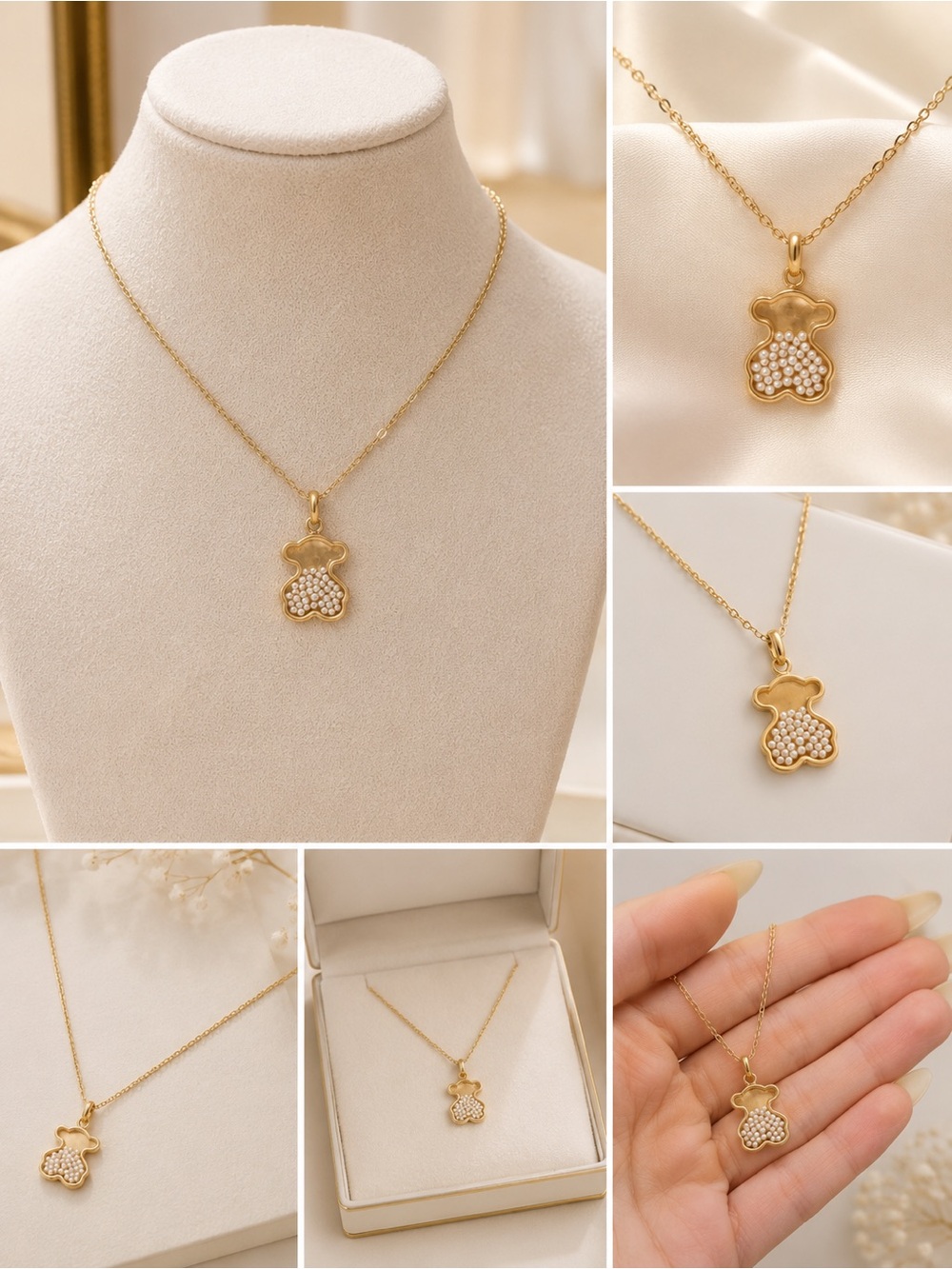 Gold and White Bear Pendant Necklace steel 316L - Picture 1 of 1